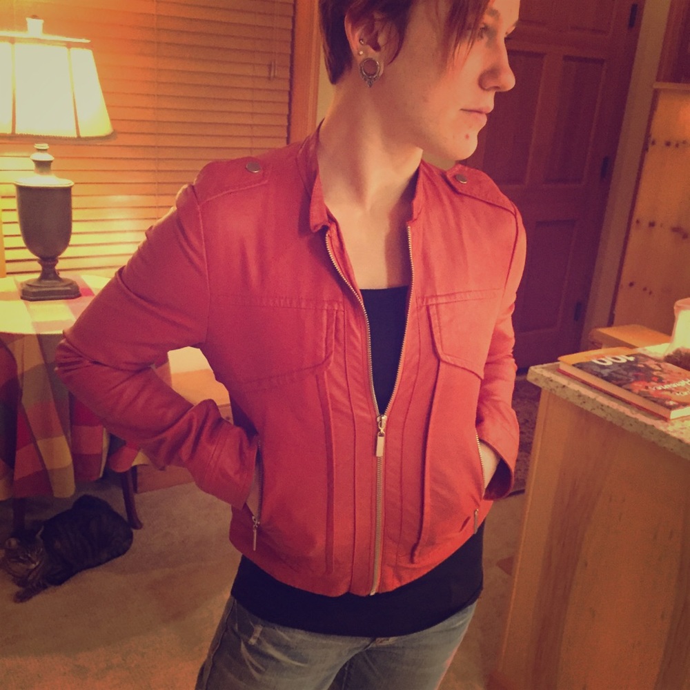 Orange vegan leather jacket by Bernardo collection